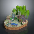 Miniature Garden Scene With Willow Trees Small House Blue Car Bridge And Waterfall