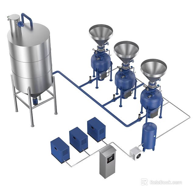 Stainless Steel Industrial Processing Equipment With Tank Reactors Piping And Control Units 3d model