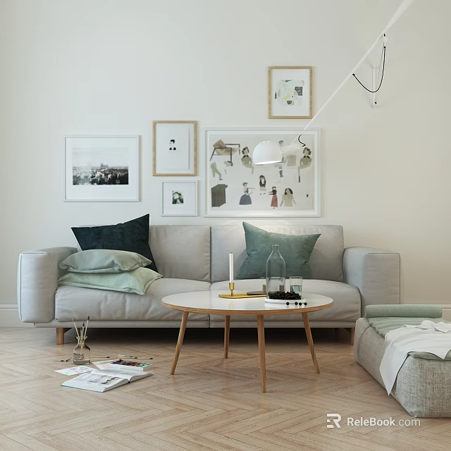 Modern Light Grey Sofa Coffee Table Set With Cushions Wall Art And Decorative Items 3d model