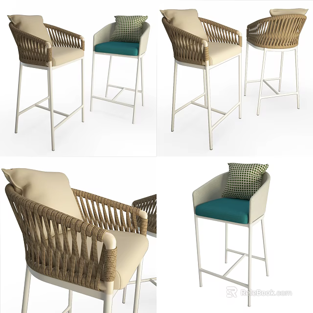 Modern Wicker Bar Stools With Teal Cushions And Metal Frames For Comfortable Design 3d model
