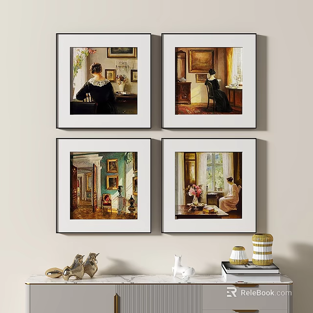 Vintage Framed Wall Art with Interior Scenes and Figures for Home Decor 3d model 