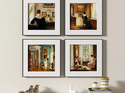 Vintage Framed Wall Art with Interior Scenes and Figures for Home Decor 3d model