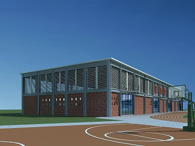 Red Brick Sports Facility With Gray Roof Slatted Windows And Basketball Court 3d model