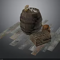 Wooden Barrel With Small Yellow Doll White Bones Crate And Colorful Planks