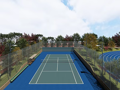 Outdoor Blue Tennis Court With Fenced Area And Trees For Sports Fitness Training 3d model
