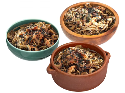 Delicious Noodle Dishes With Shrimp And Savory Sauce In Colorful Bowls 3d model