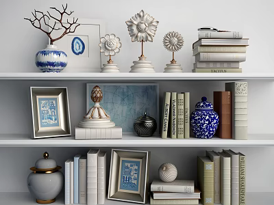 Photo Frames On White Shelves Display With Books Branch Vase Metal Figurines And Jars 3d model