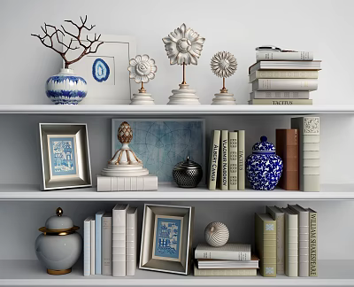 Photo Frames On White Shelves Display With Books Branch Vase Metal Figurines And Jars 3d model