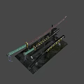 Traditional Swords With Green Scabbards And Golden Fittings On Black Stand