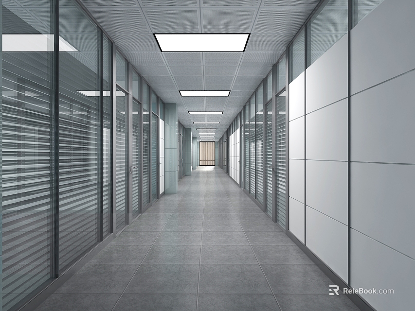 Modern Office Corridor Long Hallway With Glass Partitions Blinds Ceiling Lights And Gray Floor Tiles 3d model 