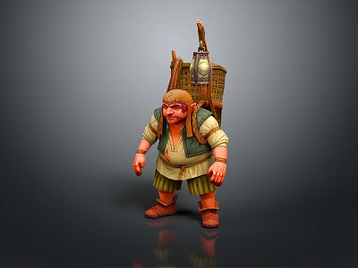Fantasy Game Movie Character Wearing Green Vest With Backpack Lantern And Brown Shoes 3d model
