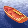 Orange Wooden Boat Floating On Calm Blue Water With Wooden Seats