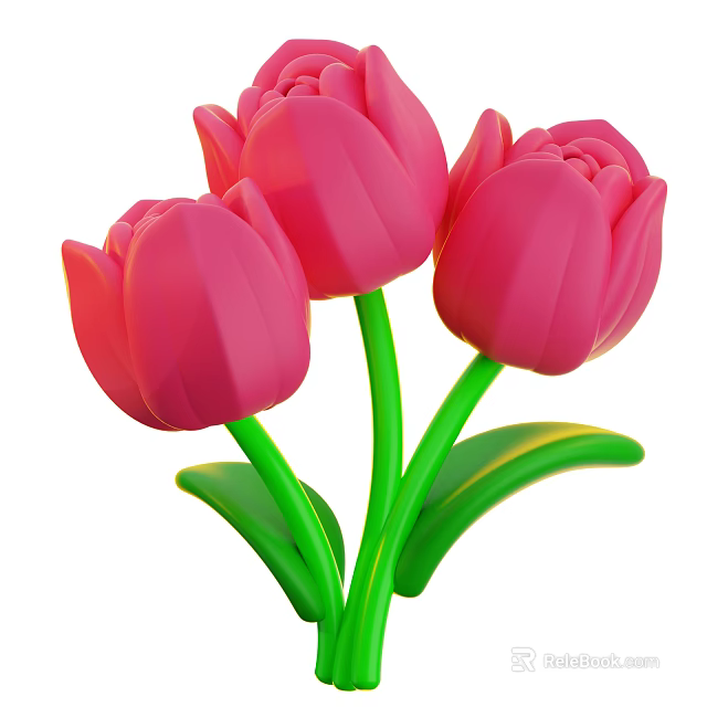 Three Vibrant Pink Tulips With Green Stems And Fresh Leaves On White Background 3d model 