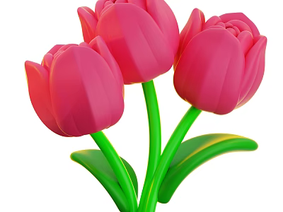 Three Vibrant Pink Tulips With Green Stems And Fresh Leaves On White Background 3d model