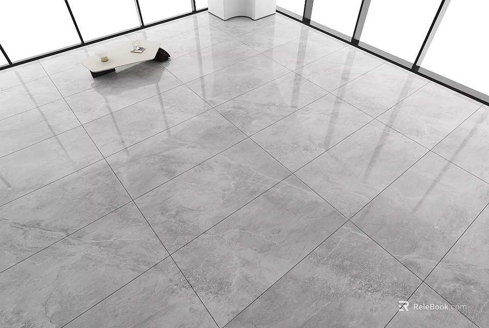 Glossy Large Gray Tile Floor In Modern Room With Table 3d model 