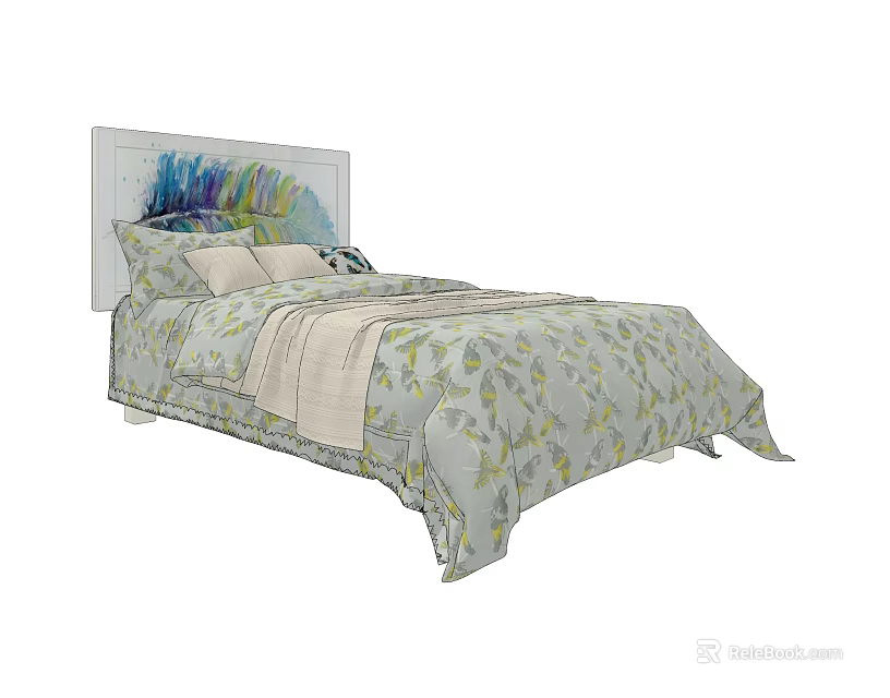 Single Bed With White Headboard Colorful Decor Light Bedding Yellow Leaf Design And Soft Pillows 3d model 