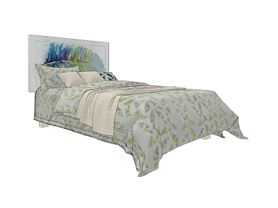 Single Bed With White Headboard Colorful Decor Light Bedding Yellow Leaf Design And Soft Pillows 3d model