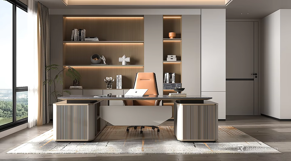 Modern Office Design with Spacious Desk Orange Chair Wooden Bookshelves Books Decorations and Green Plant 3d model 
