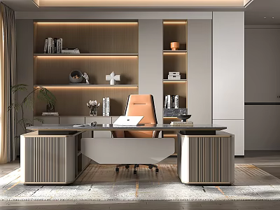 Modern Office Design with Spacious Desk Orange Chair Wooden Bookshelves Books Decorations and Green Plant 3d model