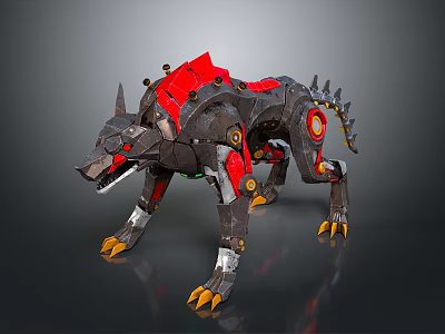 Futuristic Mechanical Wolf With Red Black Armor Spikes Glowing Parts And Sharp Claws 3d model
