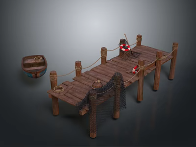 Wooden Dock Scene With Wooden Posts Ropes Fishing Net Lifebuoy And Small Boat 3d model