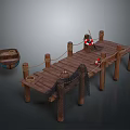 Wooden Dock Scene With Wooden Posts Ropes Fishing Net Lifebuoy And Small Boat