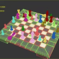 Modern Chessboard Setup With Blue White Squares And Metallic Chess Pieces