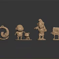 Golden Character Figurines Collection With Small Dog Various Poses And Artwork