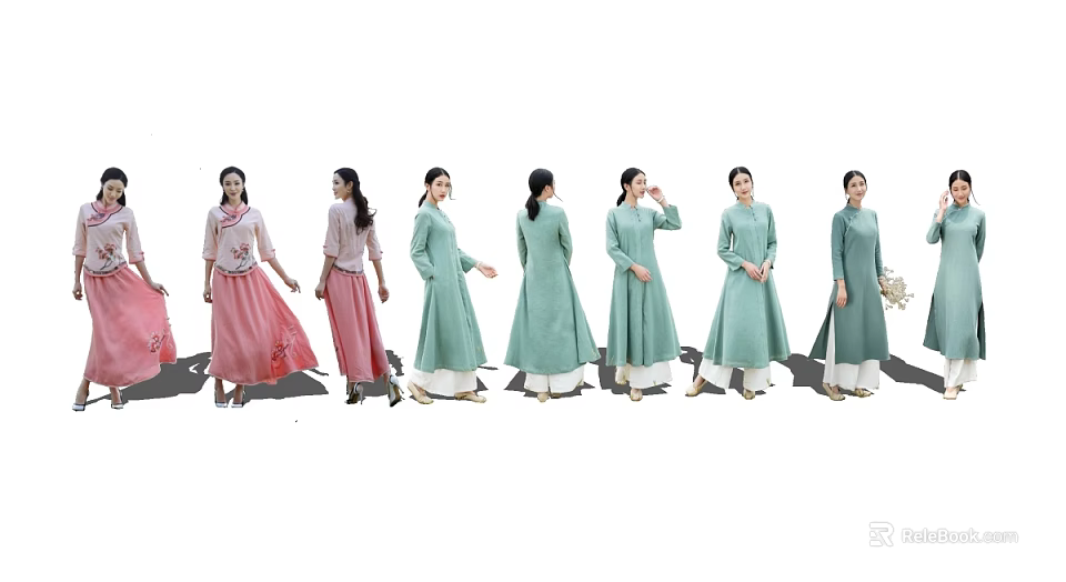 Two Women Wearing Traditional Outfits In Different Styles 3d model 