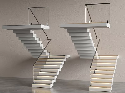 Modern Floating Stairs With Glass Railings LED Lighting And Minimalist Design 3d model