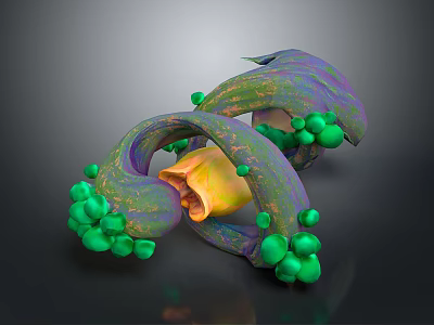 Vibrant Curled Plant With Green Spherical Buds Purple Green Vines And Yellow Center 3d model