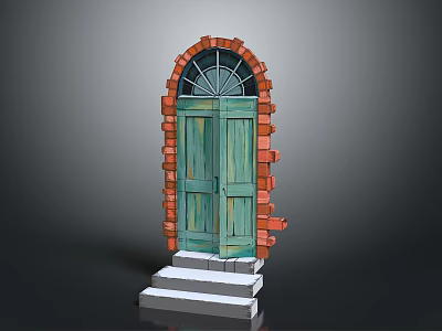 Architectural Red Brick Arched Frame With Green Wooden Door And Steps 3d model