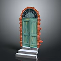 Architectural Red Brick Arched Frame With Green Wooden Door And Steps