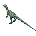 Green Dinosaur With Blue Stripes Standing On White Background And Yellow Eyes