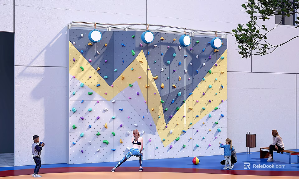 Colorful Indoor Climbing Wall With Kids Playing And Round Lights In Play Area 3d model 
