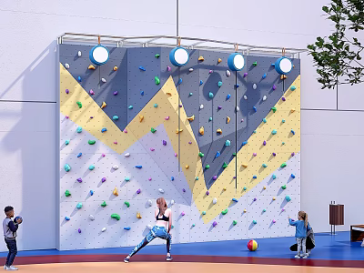 Colorful Indoor Climbing Wall With Kids Playing And Round Lights In Play Area 3d model
