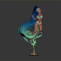 Woman With Blue And Green Long Hair In Bikini Holding Weapon On Golden Base