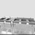 Two Stainless Steel Kitchen Sinks with Multiple Bowls Faucets and Stand on Gray Floor