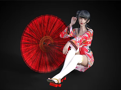 Woman In Red Kimono With Red Umbrella White Thigh High Socks And Wooden Geta Sandals 3d model