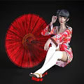 Woman In Red Kimono With Red Umbrella White Thigh High Socks And Wooden Geta Sandals