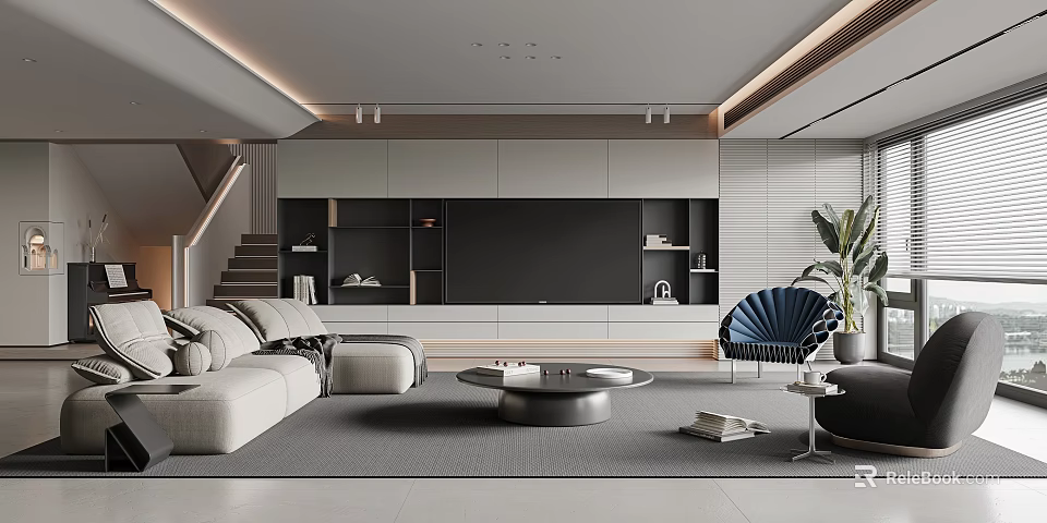 Modern Living Room Interior With Beige Sofa Round Coffee Table TV Wall And Decorative Plant 3d model 