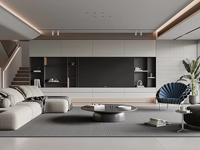 Modern Living Room Interior With Beige Sofa Round Coffee Table TV Wall And Decorative Plant 3d model