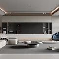 Modern Living Room Interior With Beige Sofa Round Coffee Table TV Wall And Decorative Plant