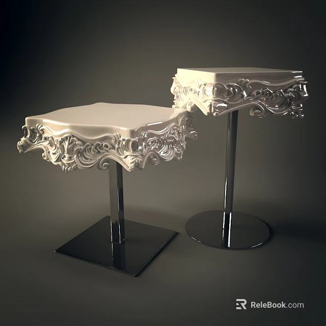 Elegant Dining Table Set With White Carved Tabletop And Silver Metal Stands Square Round Bases 3d model 