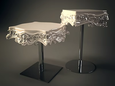 Elegant Dining Table Set With White Carved Tabletop And Silver Metal Stands Square Round Bases 3d model
