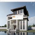 Elegant Detached Villa Exterior With Swimming Pool Large Windows And Green Trees