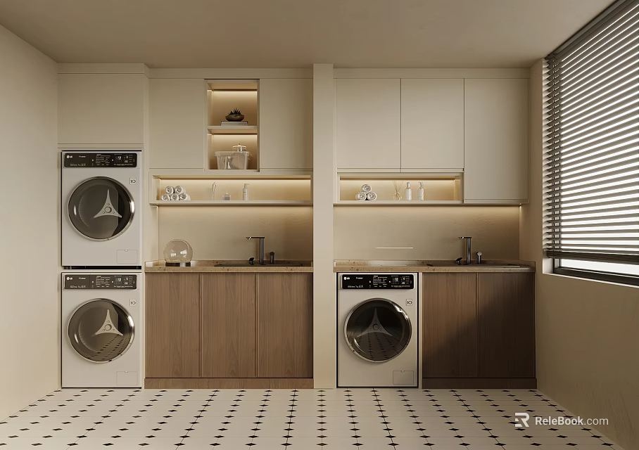Modern Laundry Room With Multiple Washing Machines Cabinets And Sink Countertop Design 3d model 