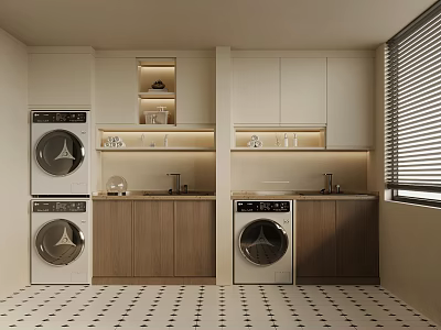 Modern Laundry Room With Multiple Washing Machines Cabinets And Sink Countertop Design 3d model