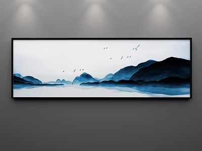 Ink Wash Style Landscape Painting With Mountains Water And Flying Birds Hanging On Wall 3d model