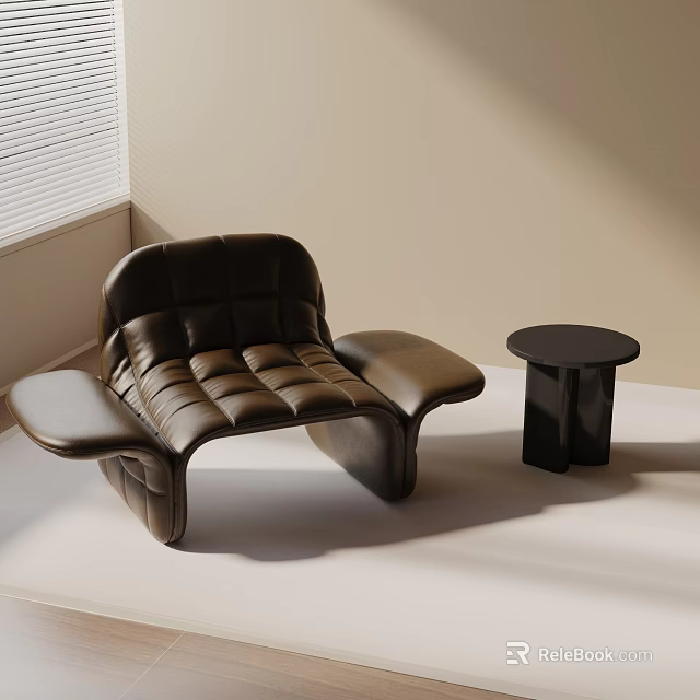 Modern Brown Leather Leisure Chair With Quilted Stitching And Small Round Side Table 3d model 